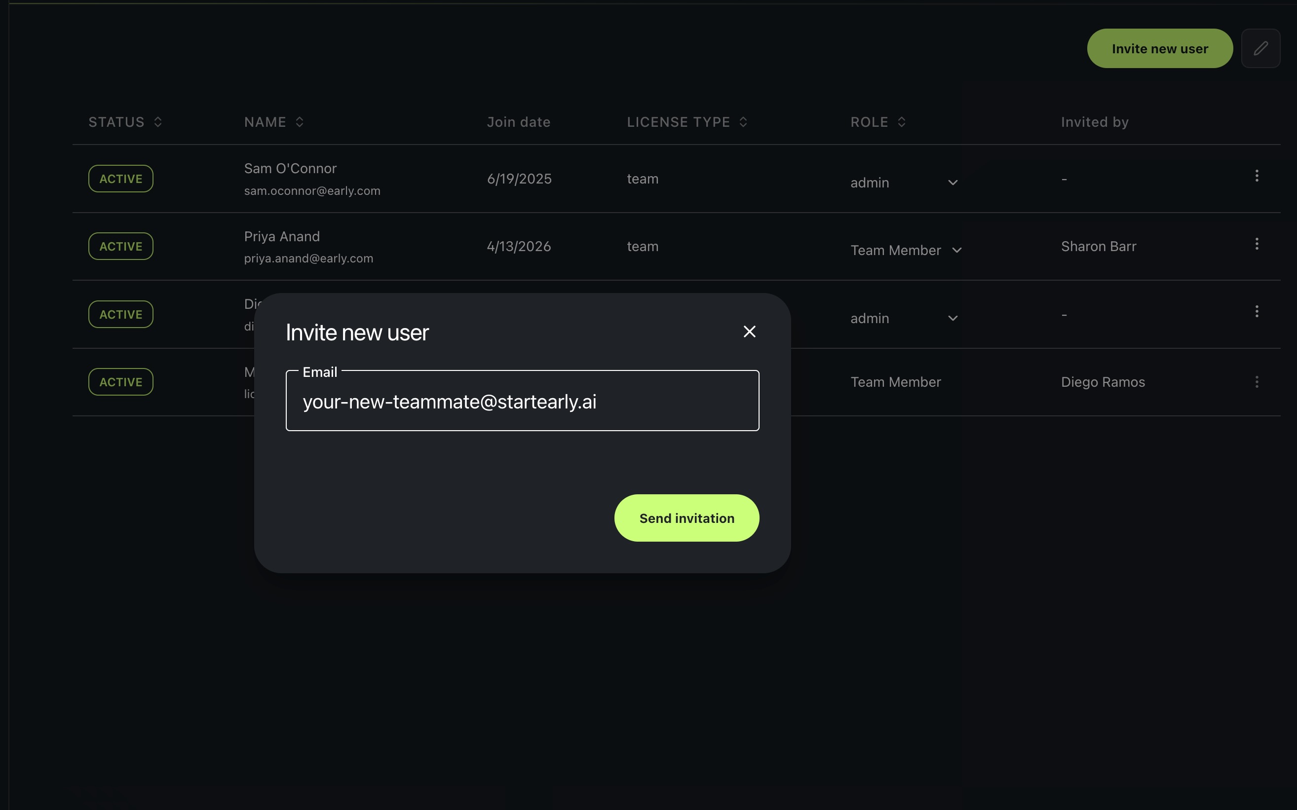 Early's Invite new user dialog open over the team member list, with each member's role shown as admin or Team Member