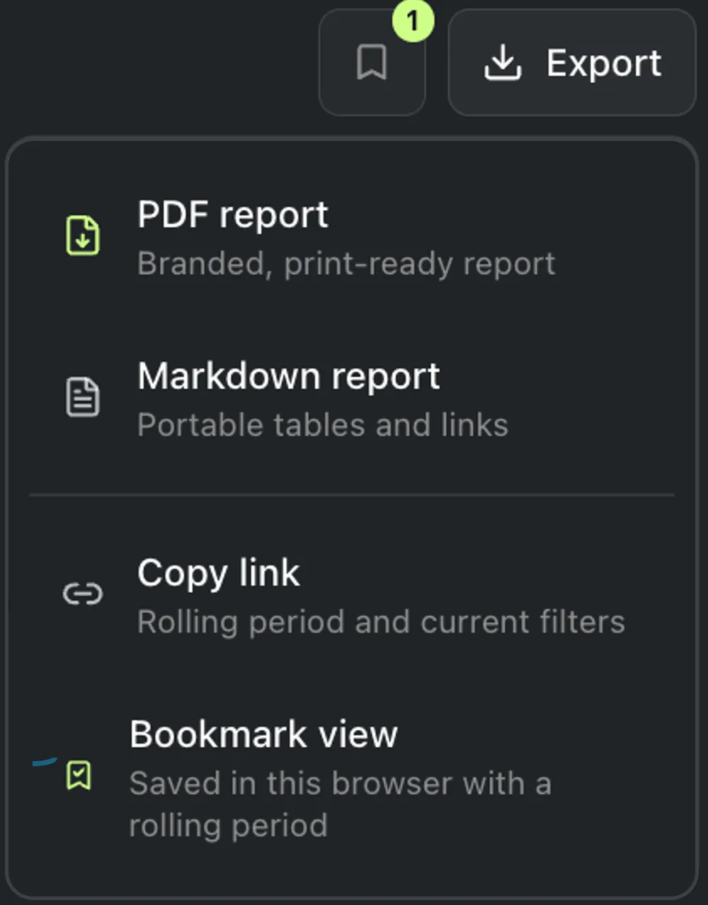 Early Outcome report Export menu showing PDF report, Markdown report, Copy link, and Bookmark view options next to the saved-view bookmark button