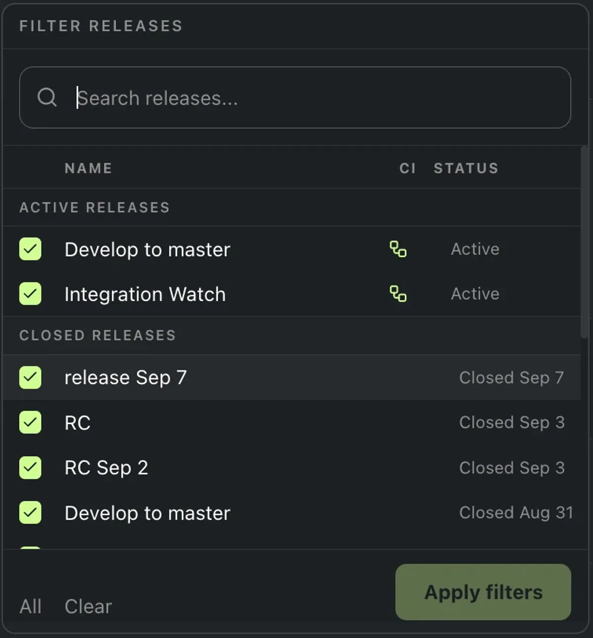 Early Outcome report Release filter menu with search, active releases, closed releases, selected release candidates, and an Apply filters button