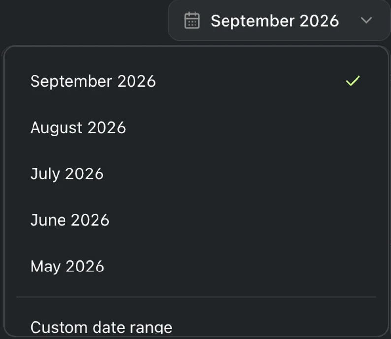 Early Usage report date range menu showing monthly reporting periods from May 2026 through September 2026 and a custom date range option for usage analysis