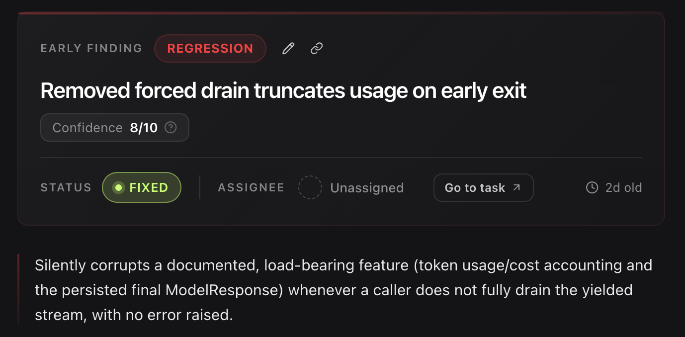 Early Regression Guard finding titled Removed forced drain truncates usage on early exit, classified as a Regression with confidence 8 out of 10