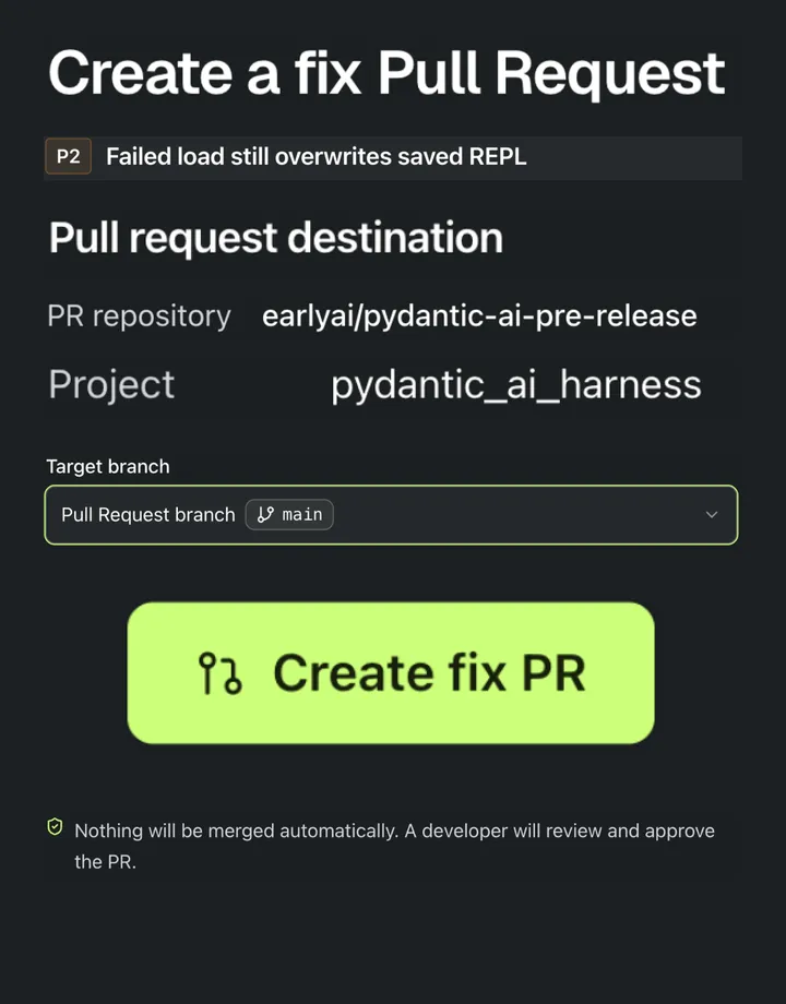Actual Early repair dialog for the saved-state finding, showing the fork repository, main target branch, and Create fix PR action.