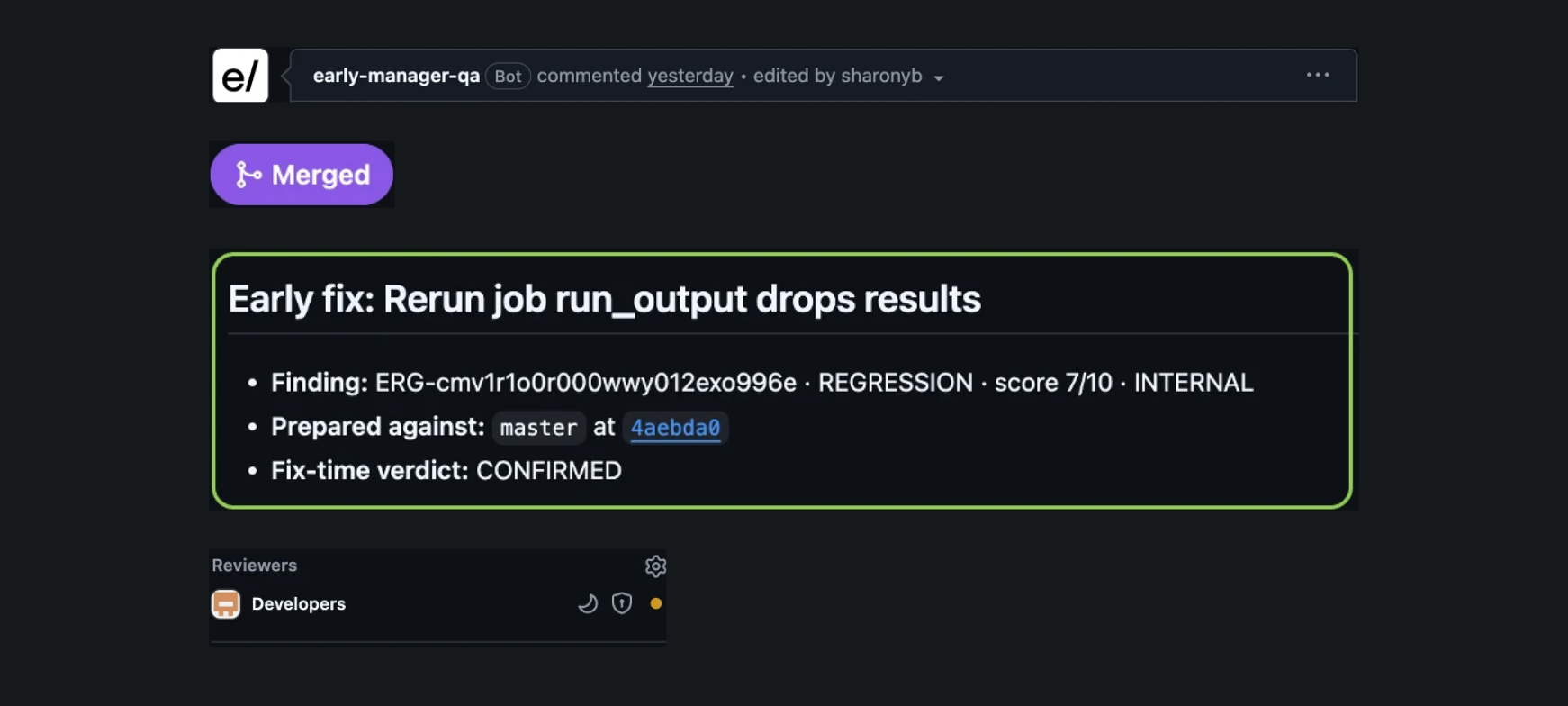 GitHub excerpts from a merged Early Fix Pull Request showing the finding context, confirmed fix-time verdict, and Developers reviewer.