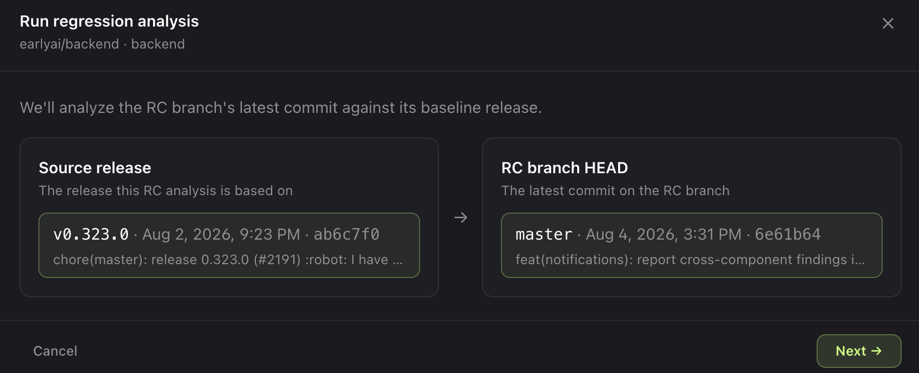 Early Regression Guard analysis setup comparing a source release with the latest RC branch commit
