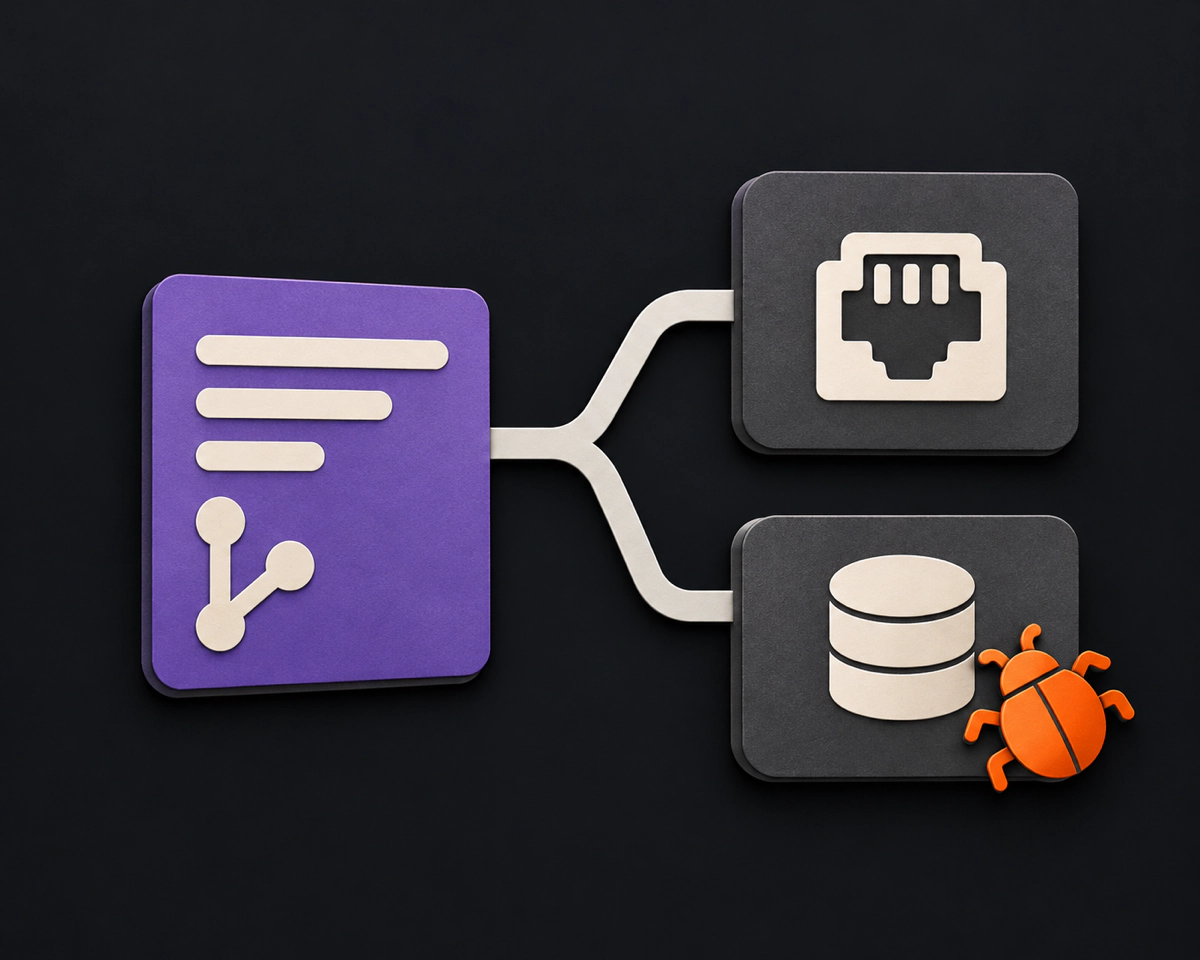 Illustrative selected product scope: a reviewed Pull Request connects to API and data-access code. A bug appears beyond that change in the connected product code.