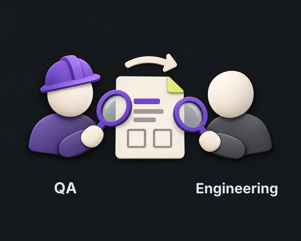 Conceptual illustration of QA wearing a hard hat and engineering examining a shared repair record with magnifiers, representing the handoff for engineering review.