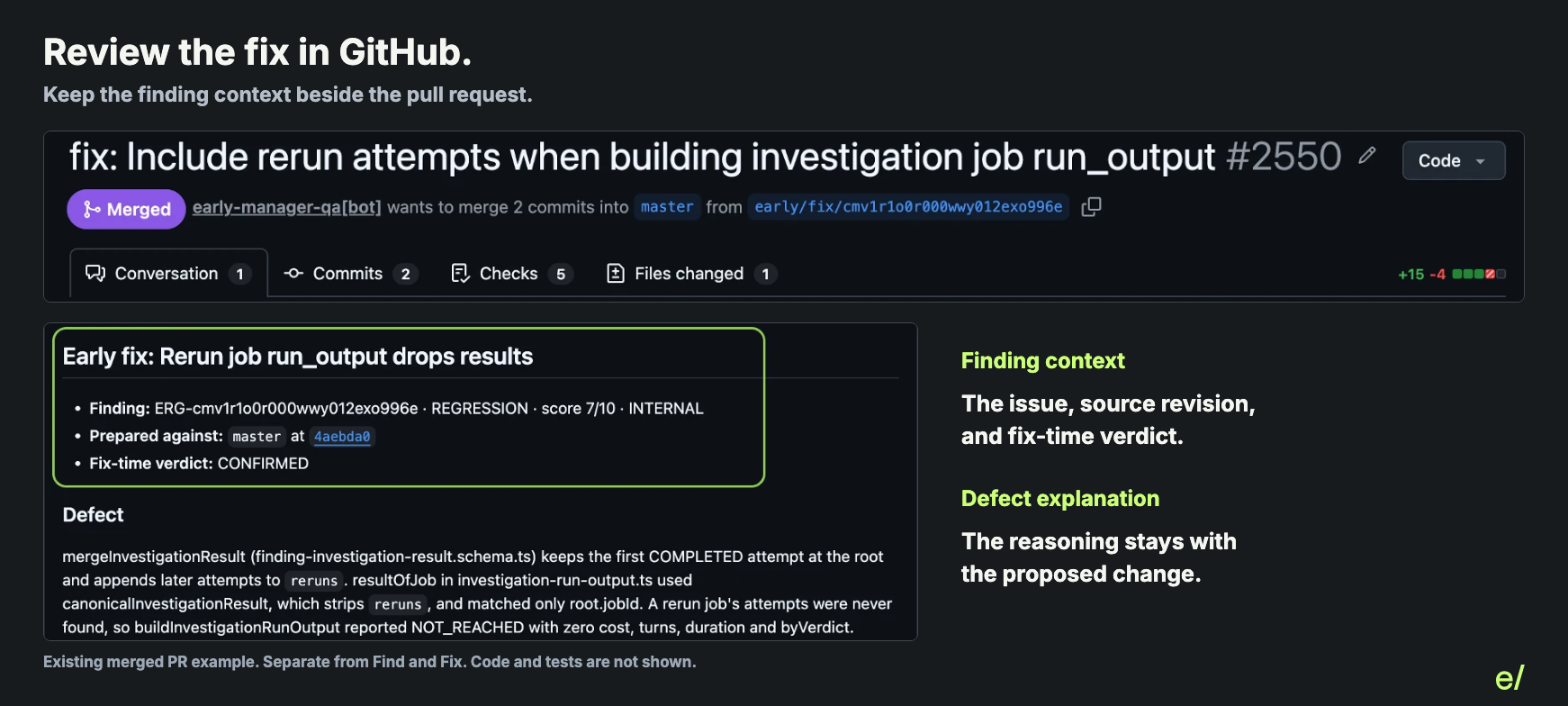 Merged Early-generated GitHub Pull Request showing its commits, checks tab and finding explanation. Code and tests are not shown in this excerpt.