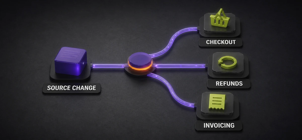 Illustrative blast radius showing one provider change reaching checkout, refunds and invoicing flows